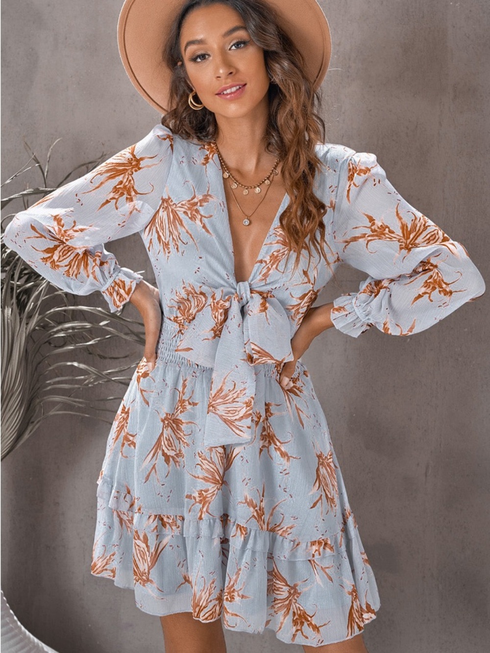 Women's Light Blue Floral Tie-Front Mini Dress